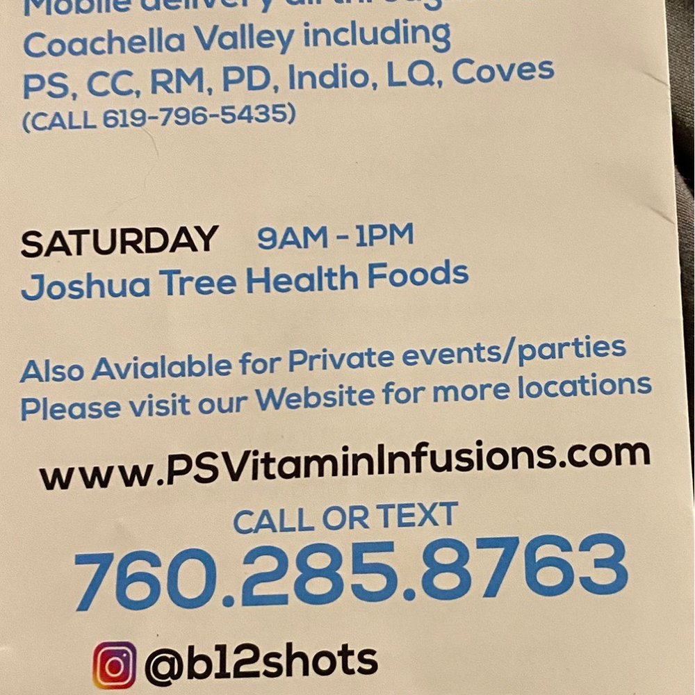 PS Vitamin Infusions - Hours and info on mobile 760-285-8763 - Vitamins & Supplements Near Me - Palm Springs, California PS Vitamin Infusions - Hours and info on mobile 760-285-8763 - Vitamins & Supplements Near Me - Palm Springs, California