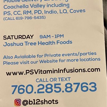 PS Vitamin Infusions - Hours and info on mobile 760-285-8763 - Vitamins & Supplements Near Me - Palm Springs, California PS Vitamin Infusions - Hours and info on mobile 760-285-8763 - Vitamins & Supplements Near Me - Palm Springs, California