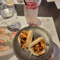 Wagamama - Pork Sticky Bun sandwiches with cherry blossom lemonade.