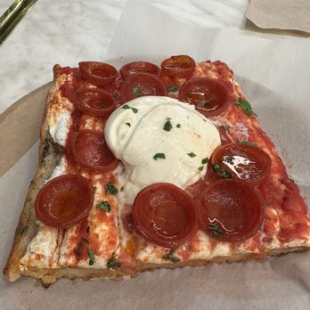 La Pizza Italia - Mmmm!   BURRATA square with pepperoni and honey brings a sweet and a heat taste! YUM!! - Pizza Near Me - New York, New York