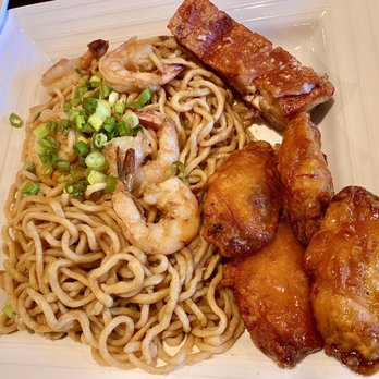 Bhan Mae Vane - Phatty Platter ( pork belly, shrimp, Angel wings, garlic noodles). - Thai Near Me - Alameda, California Bhan Mae Vane - Phatty Platter ( pork belly, shrimp, Angel wings, garlic noodles). - Thai Near Me - Alameda, California