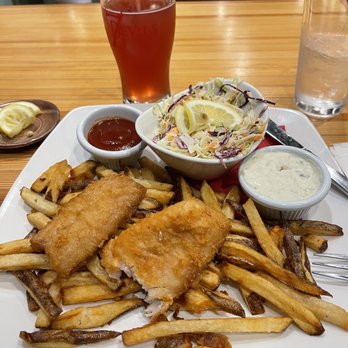 7 Devils Waterfront Alehouse - Rock Fish & Chips with Cranberry Peach Cider from guest tap, Bandon Rain - Seafood Near Me - Coos Bay, Oregon 7 Devils Waterfront Alehouse - Rock Fish & Chips with Cranberry Peach Cider from guest tap, Bandon Rain - Seafood Near Me - Coos Bay, Oregon