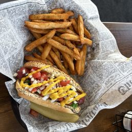 Char dog with fries Char dog with fries
