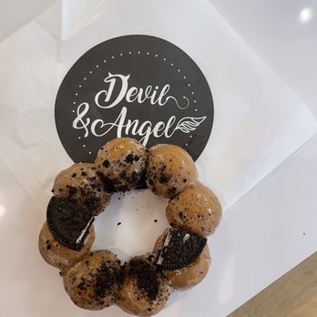 Devil & Angel Desserts - a donut with chocolate frosting and sprinkles - Desserts Near Me - Torrance, California