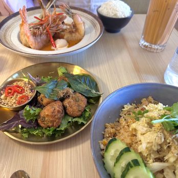 When In Bangkok - From top to bottom, Choo Chee Prawns Tod Mun Pla Crab Fried Rice - Thai Near Me - Flushing, New York When In Bangkok - From top to bottom, Choo Chee Prawns Tod Mun Pla Crab Fried Rice - Thai Near Me - Flushing, New York