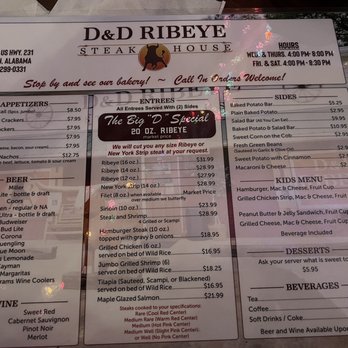 D & D Ribeye Steak House - Menu 12/30/2022 - Steakhouses Near Me - Newton, Alabama