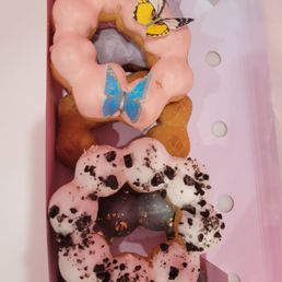 5 of their mochi doughnut. Strawberry garden with edible butterfly. 5 of their mochi doughnut. Strawberry garden with edible butterfly.