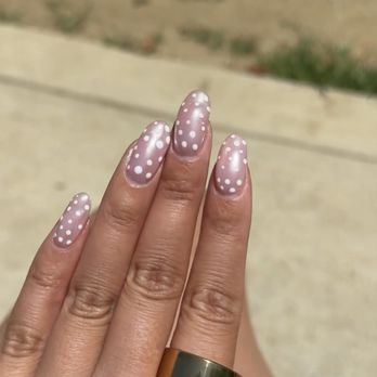 Valley Nail - Chrome pink base with white dots. Everyone was loving it - Nail Salons Near Me - Valley Village, California Valley Nail - Chrome pink base with white dots. Everyone was loving it - Nail Salons Near Me - Valley Village, California