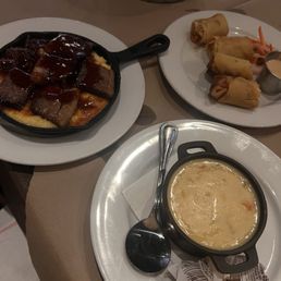 Brisket appetizer, clam corn sweet potato chowder, chicken parm spring rolls