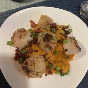 Coast Seafood Restaurant - Sautéed Scallops over coconut mashed sweet potatoes with pancetta. - Seafood Near Me - Lake Worth Beach, Florida Coast Seafood Restaurant - Sautéed Scallops over coconut mashed sweet potatoes with pancetta. - Seafood Near Me - Lake Worth Beach, Florida