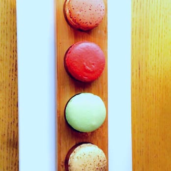 Caffe Concerto - Beautifully plated Macarons!  top to bottom: Earl Grey, Red Velvet, Pistachio, Espresso, and Turquoise(raspberry jam inside!) - Pizza Near Me - Los Angeles, California