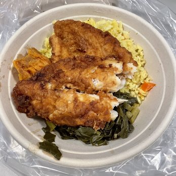 Carmen’s Kitchen - Fish combo. With sweet potato. Yellow rice. And collard greens - American Near Me - New York, New York Carmen’s Kitchen - Fish combo. With sweet potato. Yellow rice. And collard greens - American Near Me - New York, New York
