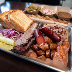 Creek Bottom Burgers & BBQ - Bottom Platter - 1/2 lb. of each Sliced Brisket, Pulled Pork, Smoked Sausage, and a hot link.