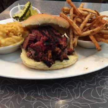 Redbones BBQ - Beef brisket sandwich with fries and mac - Barbeque Near Me - Somerville, Massachusetts