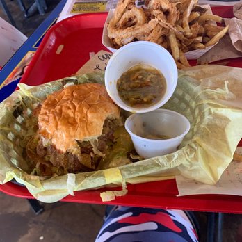 Blue Sky - Green chili burger with green chili "sauce? Salsa?" for you to put on your own. - Burgers Near Me - Amarillo, Texas