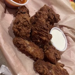 Fried Buffalo wings...the sauce is fried into the batter...we asked for sauce on the side but we really didn't need it. Fried Buffalo wings...the sauce is fried into the batter...we asked for sauce on the side but we really didn't need it.