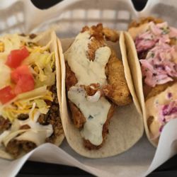 Purple Cactus Taqueria - Beef taco, chicken taco and shrimp taco.