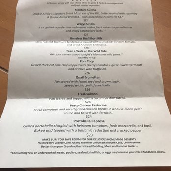 Double Arrow Lodge - Dinner menu - Resorts Near Me - Seeley Lake, Montana Double Arrow Lodge - Dinner menu - Resorts Near Me - Seeley Lake, Montana