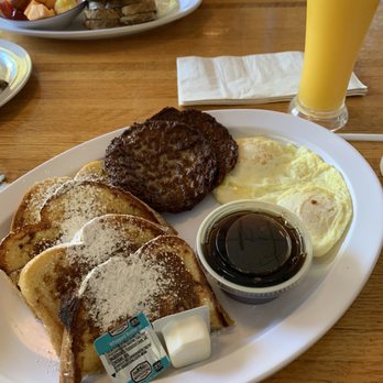 Beach Diner - This is the short stack... eggs over east, French toast and pork patties. The OJ is fresh squeezed. - Diners Near Me - Fernandina Beach, Florida Beach Diner - This is the short stack... eggs over east, French toast and pork patties. The OJ is fresh squeezed. - Diners Near Me - Fernandina Beach, Florida