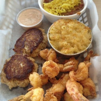 Stonington's Seafood - 5 shrimp 2 crab cakes menu with Mac and cheese and beans and red beans and rice - Seafood Near Me - Orlando, Florida Stonington's Seafood - 5 shrimp 2 crab cakes menu with Mac and cheese and beans and red beans and rice - Seafood Near Me - Orlando, Florida