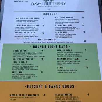 Dawn Butterfly Cafe - Food menu at Dawn Butterfly. Good-sized portions, really filling. Wish there blue corn crepes were gluten free though. - Cafes Near Me - Taos, New Mexico Dawn Butterfly Cafe - Food menu at Dawn Butterfly. Good-sized portions, really filling. Wish there blue corn crepes were gluten free though. - Cafes Near Me - Taos, New Mexico