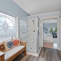 ImproveIt Home Remodeling - Beautiful walk-in shower update replaced crumbling tile with easy-clean acrylic. See the full Before & After at improveitusa.com/projects.