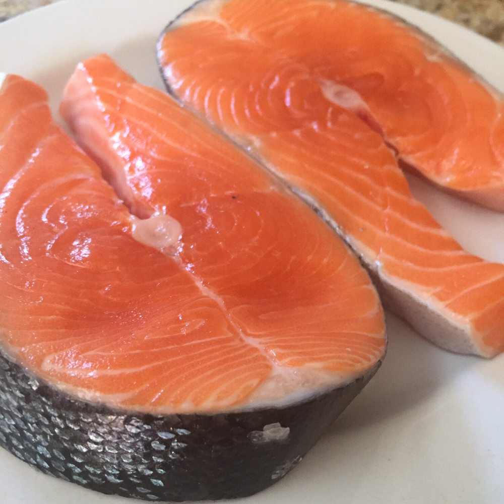 Local Salmon Steaks - thinner than what I'm used to but that just makes them quicker to cook. Local Salmon Steaks - thinner than what I'm used to but that just makes them quicker to cook.
