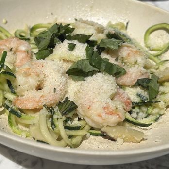 Flower Child - seasonal shrimp dish with zucchini noodles, tomato sauce (on the side), basil and artichoke hearts - Salad Near Me - Salt Lake City, Utah