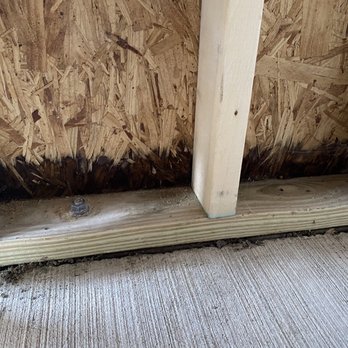 Absolute Garage Builders - Water damage and mold 8" from ground due to lack of plastic barrier between concrete and garage all the way around. - Garage Door Services Near Me - Chicago, Illinois