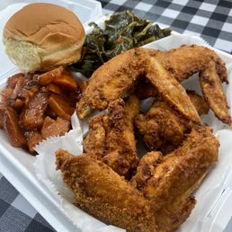 Fried chicken, yams and greens Fried chicken, yams and greens