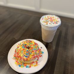 Divine Dough - Fruity pebble doughnut and latte