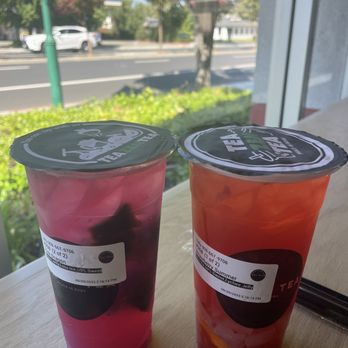 TeaZenTea - Dublin - Pink dragon w/grass jelly & strawberry summer w/lychee jelly - Bubble Tea Near Me - Dublin, California TeaZenTea - Dublin - Pink dragon w/grass jelly & strawberry summer w/lychee jelly - Bubble Tea Near Me - Dublin, California
