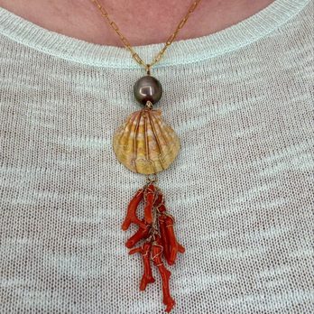 Wailea Treasures - Tahitian pearl, sunrise shell, naturally colored coral gold necklace - Rugs Near Me - Kihei, Hawaii Wailea Treasures - Tahitian pearl, sunrise shell, naturally colored coral gold necklace - Rugs Near Me - Kihei, Hawaii