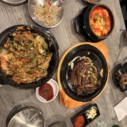 Galbi, Bibimbop, kimchi, spam and sausage stew