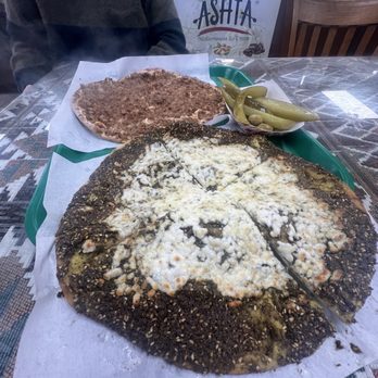 Forn Al Hara - Cheese Zatar with Cheese, Safiha, and complimentary pickes/olives - Middle Eastern Near Me - Anaheim, California Forn Al Hara - Cheese Zatar with Cheese, Safiha, and complimentary pickes/olives - Middle Eastern Near Me - Anaheim, California