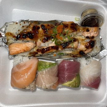 Jin Sushi - Rainbow roll and baked salmon roll - Japanese Near Me - Downey, California Jin Sushi - Rainbow roll and baked salmon roll - Japanese Near Me - Downey, California
