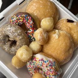Blueberry filled donut, strawberry filled donut, cream cheese filled donut, blueberry glaze donut