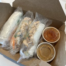 Three chicken spring rolls with spicy sauce and peanut sauce. Three chicken spring rolls with spicy sauce and peanut sauce.