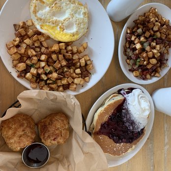 Buttermilk - Eggs your way + lemon blueberry pancakes + basket o' biscuits + side order of corned beef hash - Coffee & Tea Near Me - Geneva, Illinois