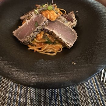 Boca Fish House - Seared yellowfin tuna on a bed of lobster linguini. Lots of fresh lobster!! - Seafood Near Me - Boca Raton, Florida Boca Fish House - Seared yellowfin tuna on a bed of lobster linguini. Lots of fresh lobster!! - Seafood Near Me - Boca Raton, Florida