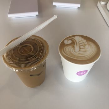 GEM Coffee - Iced and hot lavender lattes. Beautiful latte art by the amazing Manny! - Coffee & Tea Near Me - San Diego, California