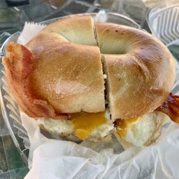 Bacon, egg and cheese on a plain bagel