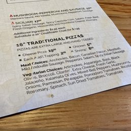 Love the menu listing the vegetarian options for pizza. Wish they had their pastas and salads listed out too.