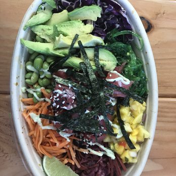 Mixed Greens - Ahi Poke bowl with mango salsa instead of cucumbers - Salad Near Me - Saint George, Utah Mixed Greens - Ahi Poke bowl with mango salsa instead of cucumbers - Salad Near Me - Saint George, Utah