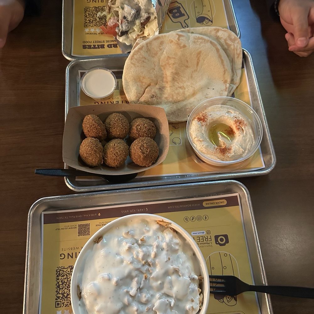 Chicken shawarma rice bowl, hummus, falafel bite, gyro