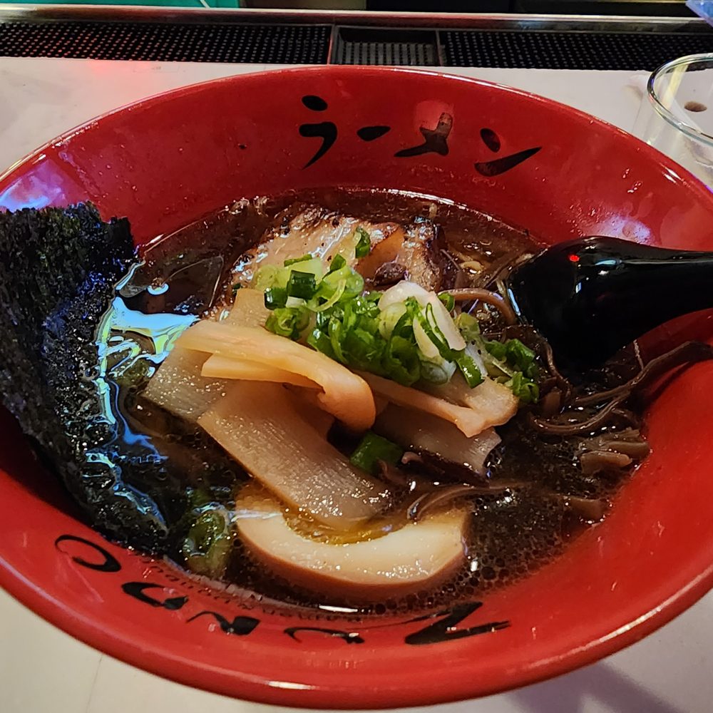 Shoyu ramen with black garlic oil and woodear mushroom added