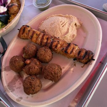 The Kebab Shop - Plate with chicken kabobs, falafel, hummus & pita - Mediterranean Near Me - San Diego, California The Kebab Shop - Plate with chicken kabobs, falafel, hummus & pita - Mediterranean Near Me - San Diego, California