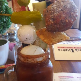 Hash Kitchen - Loaded bloody mary including bacon, hard boiled eggs, pickle, peppers, ravioli and a meatball. Yummmmm - Breakfast & Brunch Near Me - Scottsdale, Arizona Hash Kitchen - Loaded bloody mary including bacon, hard boiled eggs, pickle, peppers, ravioli and a meatball. Yummmmm - Breakfast & Brunch Near Me - Scottsdale, Arizona