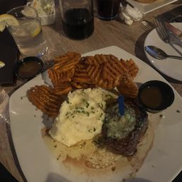 rosemary filet and sweet potato fries and mashed potatoes