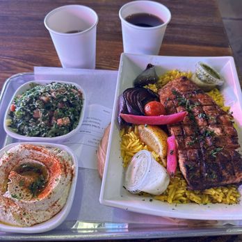 Mazra - Grilled Salmon Plate - Mediterranean Near Me - San Bruno, California Mazra - Grilled Salmon Plate - Mediterranean Near Me - San Bruno, California
